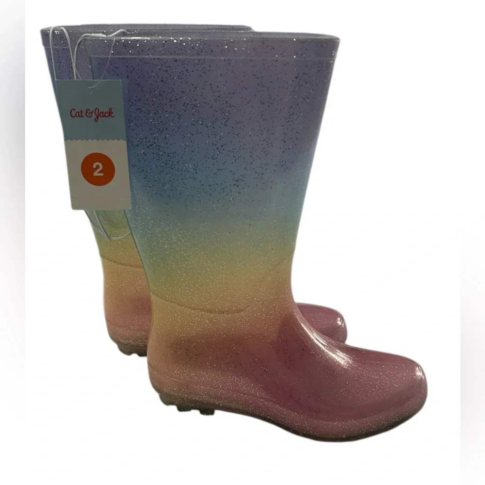 Cat & Jack Cece RainBoots Kids Pastel Rainbow Glitter Pull-On Boots Size 2 NEW